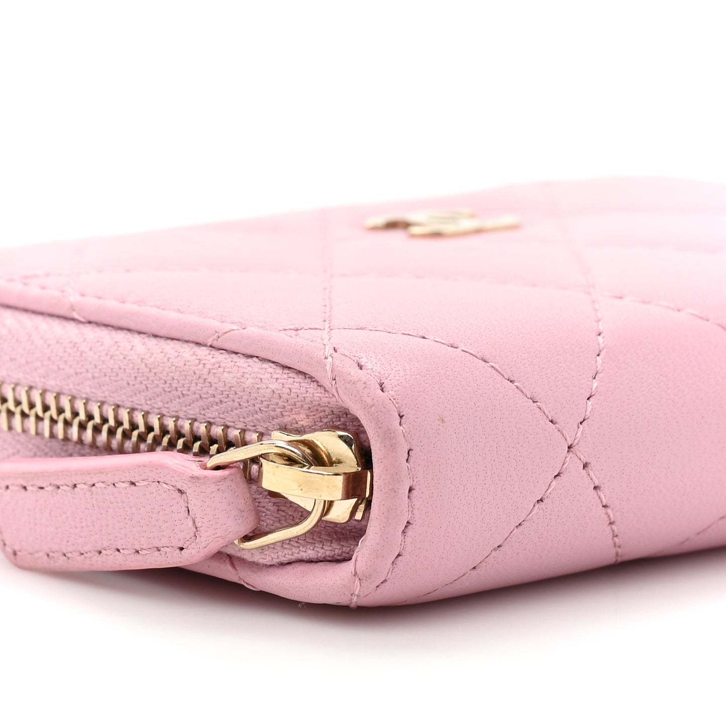 Iridescent Calfskin Quilted Zip Coin Purse Wallet Light Pink