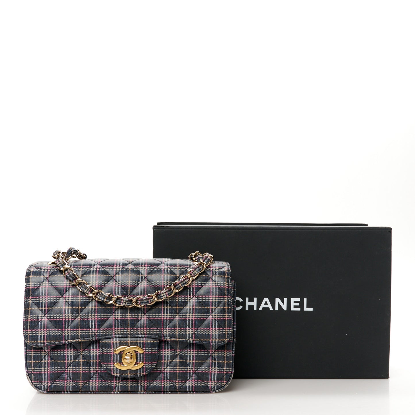 Calfskin Quilted Plaid Printed Small Single Flap Navy Multicolor