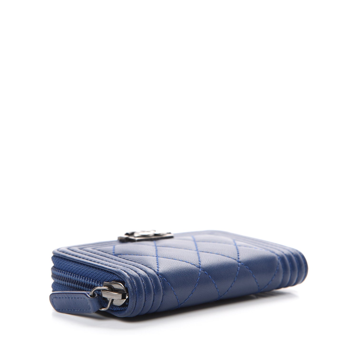 Lambskin Quilted Boy Zip Around Coin Purse Wallet Blue