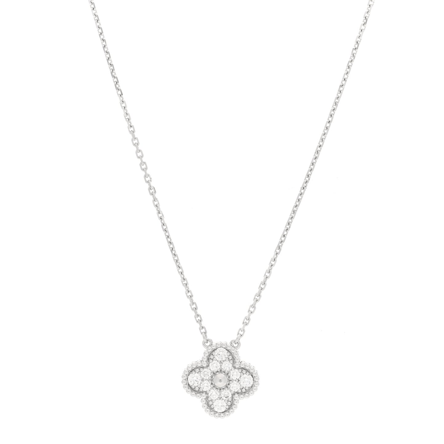 18K White Gold Diamond Vintage Alhambra Pendant Necklace