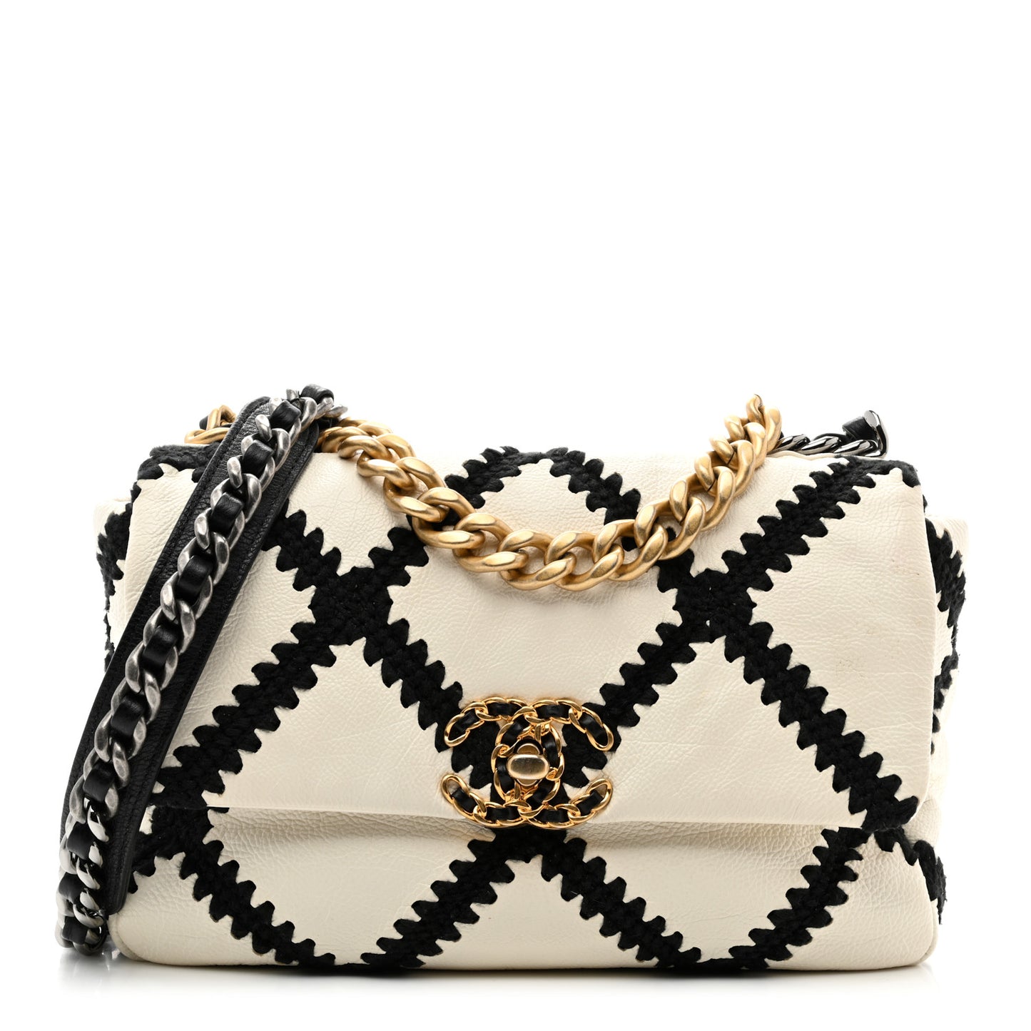 Calfskin Crochet Medium Chanel 19 Flap White Black