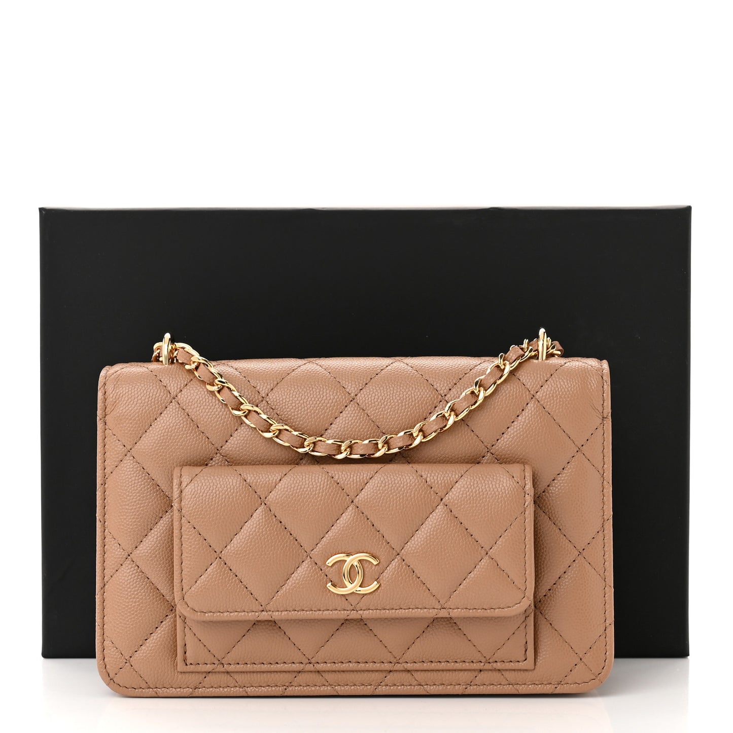 Caviar Quilted Pocket Clutch With Chain WOC Beige