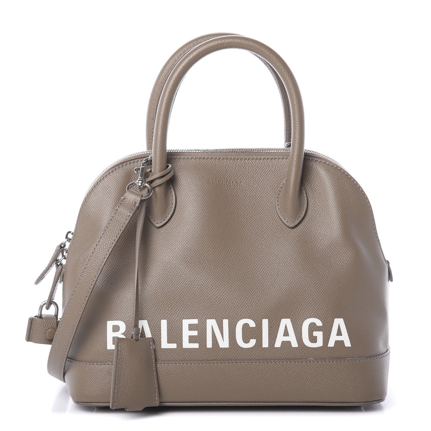 Signature Grained Calfskin Logo S Ville Top Handle Bag Mink Grey White