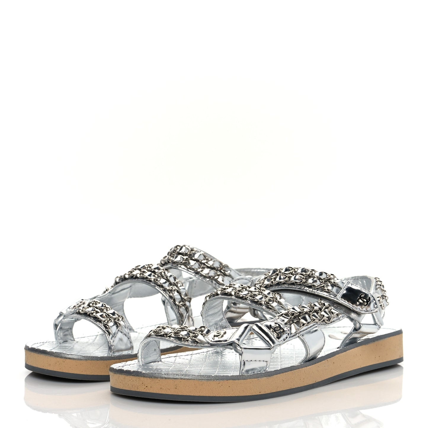 Metallic Calfskin Chain Flat Sandals 38 Silver