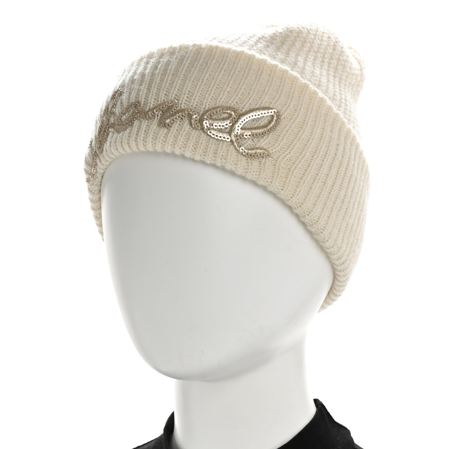 Cashmere Sequin Logo Beanie Hat Ivory Gold