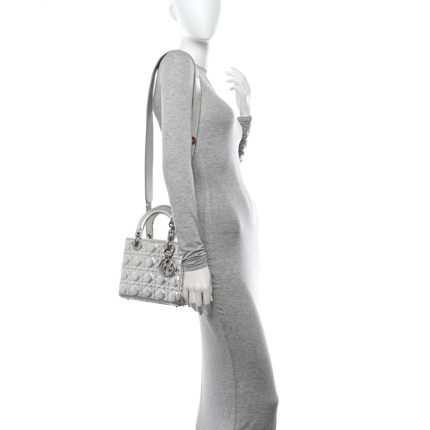 Metallic Lambskin Cannage Small Lucky Badges Lady Dior Silver