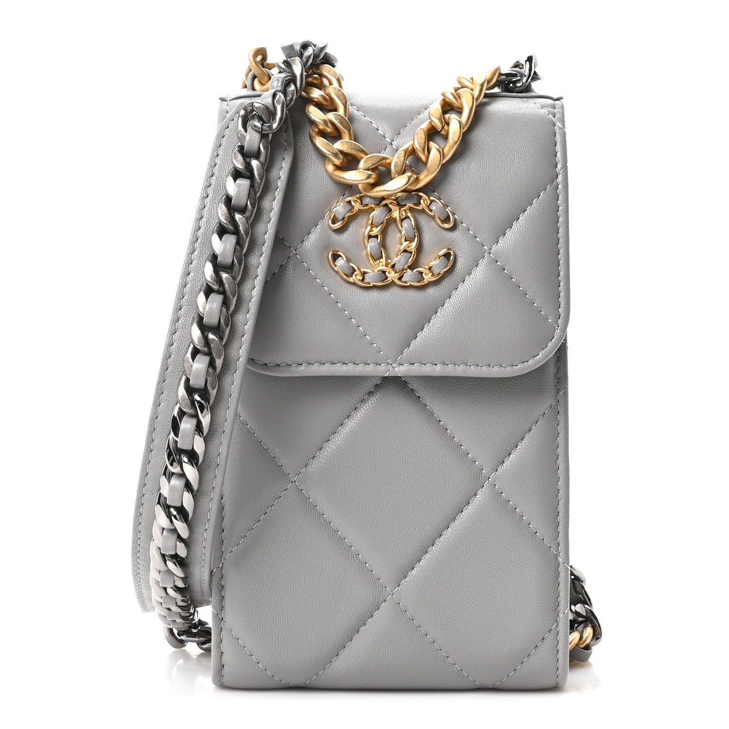 CHANEL スマホショルダーバッグ グレー Chanel Lambskin Quilted Chanel 19 Phone Holder With Chain Grey