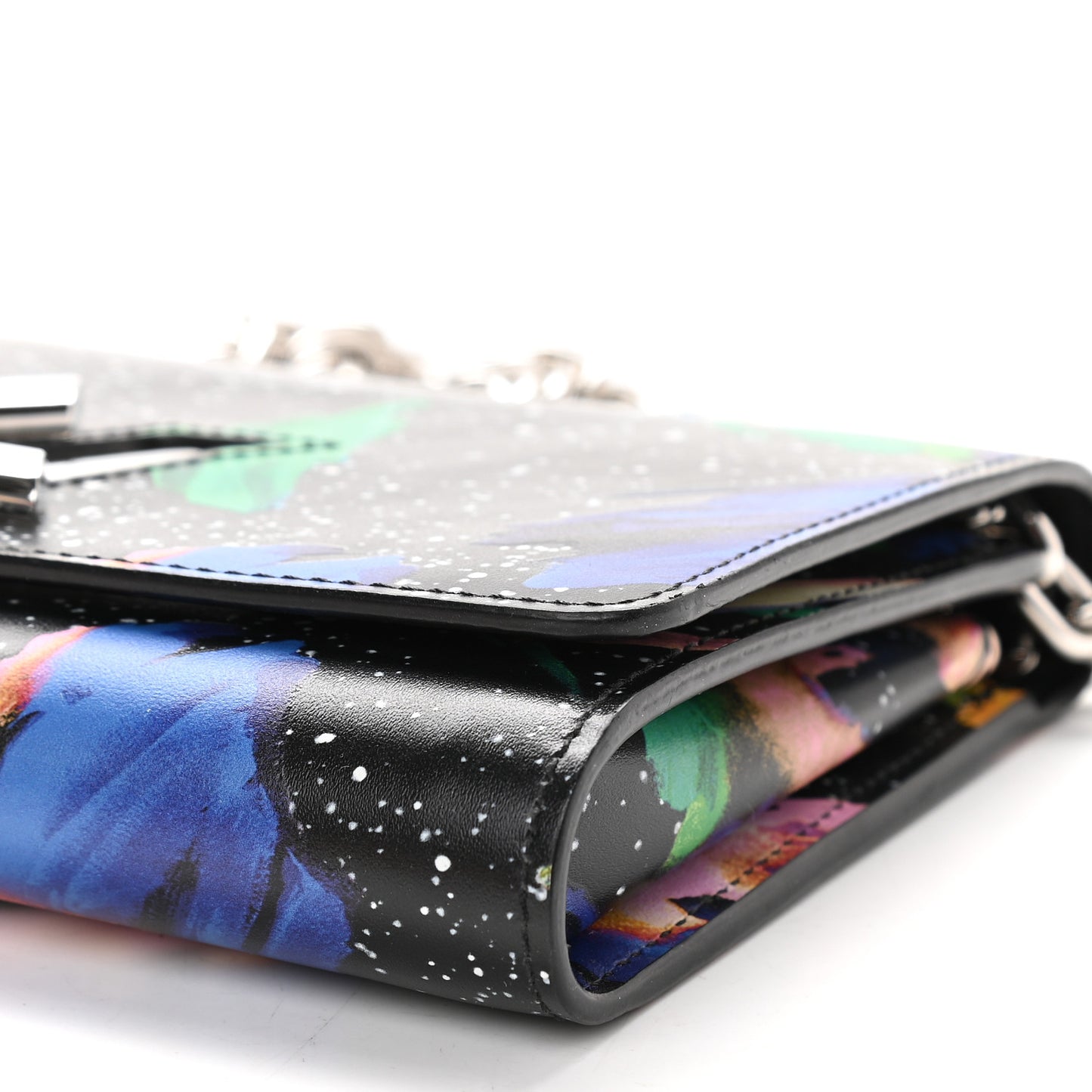 Calfskin Splash Print Twist Chain Wallet Black