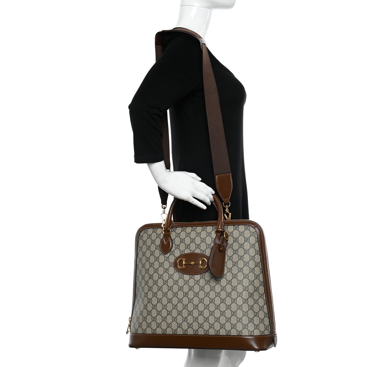 GG Supreme Monogram Azalea Calfskin Horsebit 1955 Duffle Bag Beige Ebony Brown Sugar