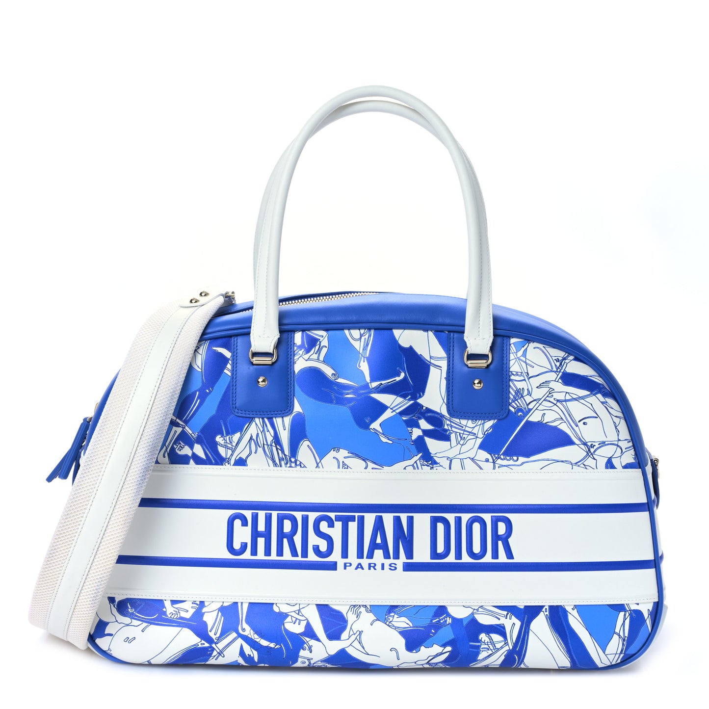 Calfskin Large Dior Vibe Zip Bowling Bag White Blue