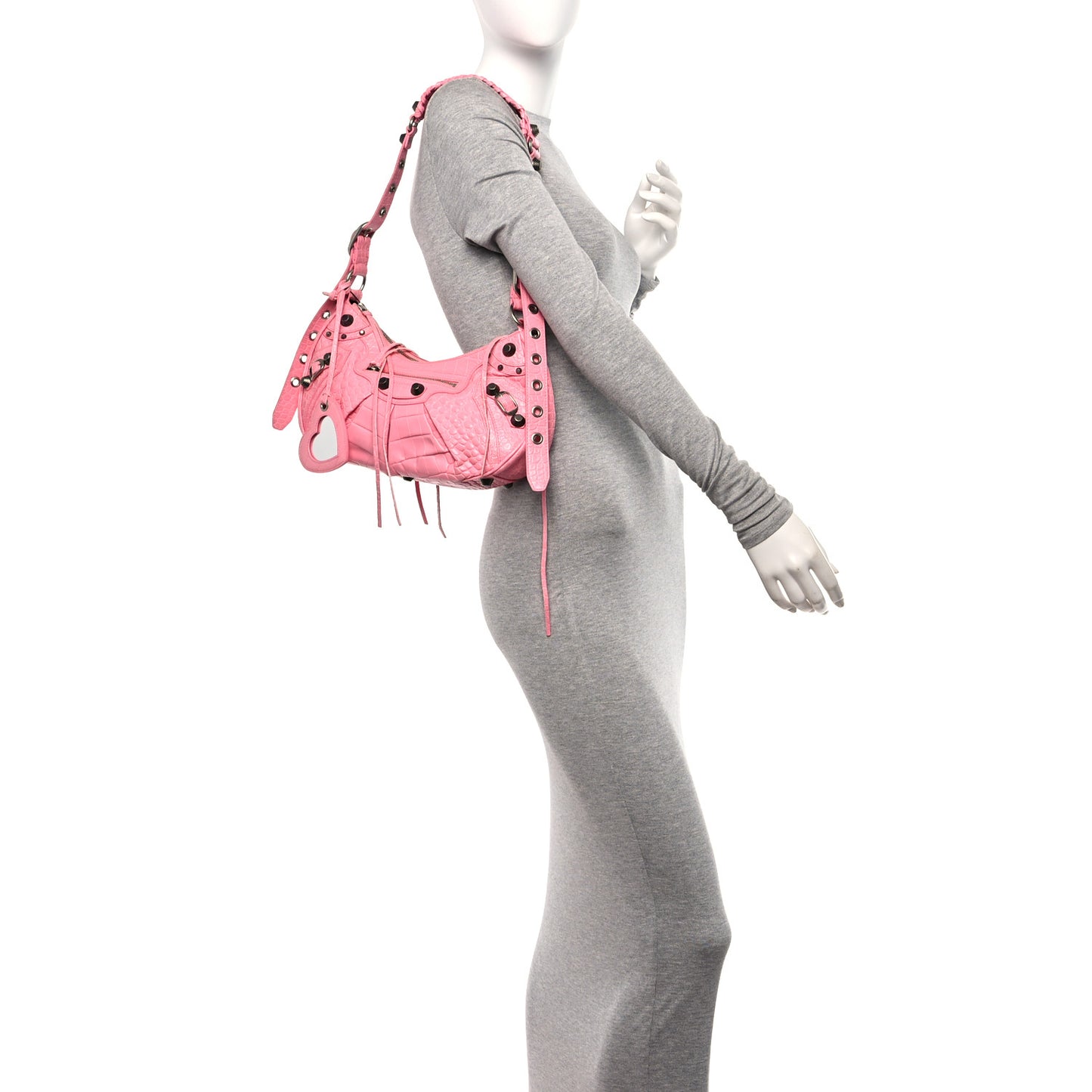 Extra Supple Calfskin Crocodile Embossed Small Le Cagole Shoulder Bag Sweet Pink