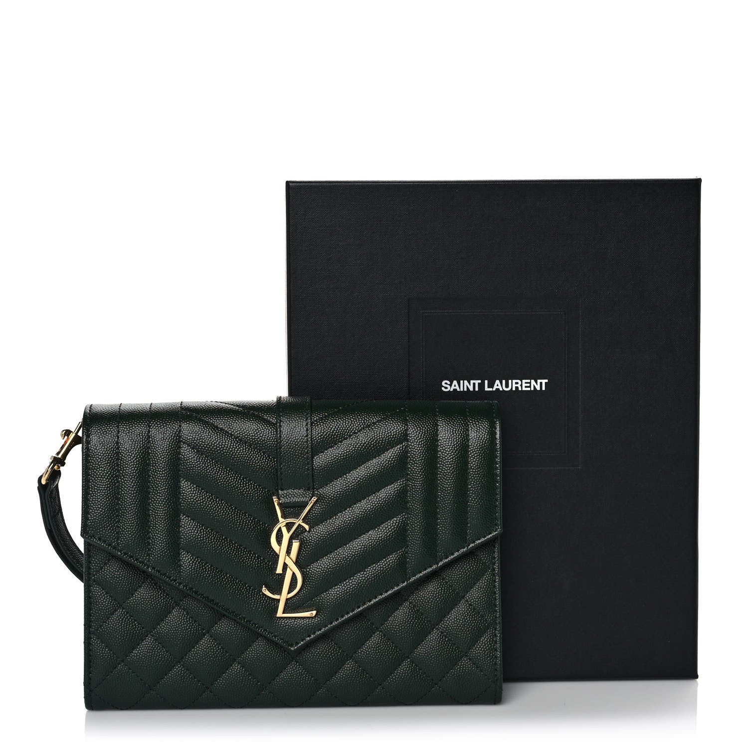 Saint Laurent Grain De Poudre Textured Mixed Matelasse Triquilt Monogram Clutch Vert Fonce 10 of 10