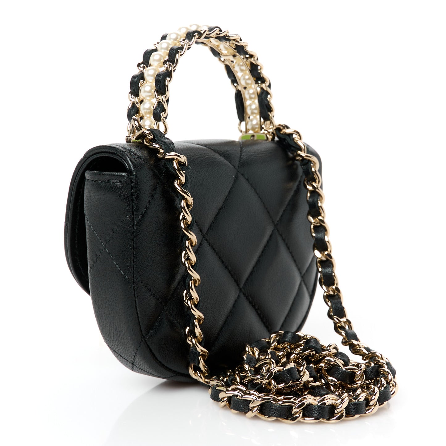 Lambskin Quilted Pearl Top Handle Clutch With Chain Black