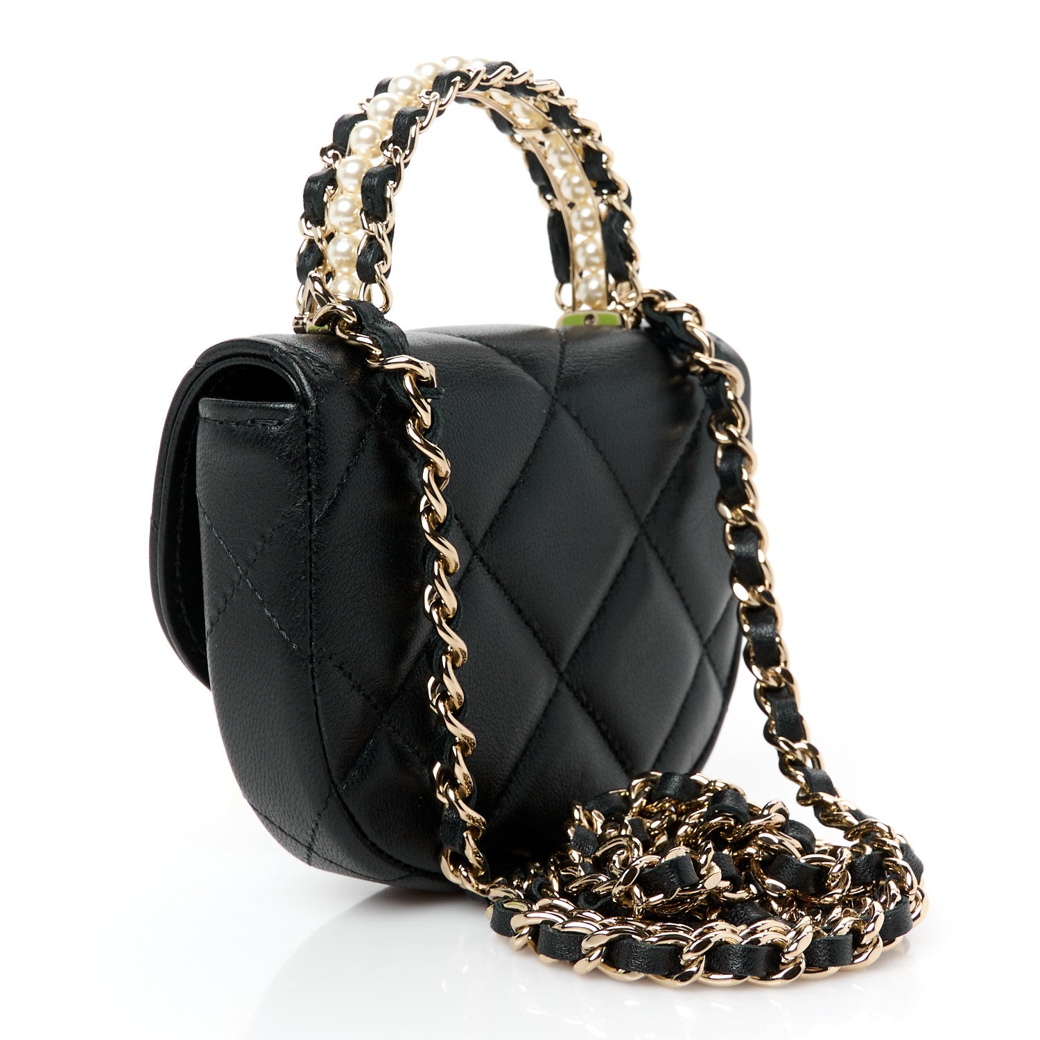 Chanel Lambskin Quilted Pearl Top Handle Clutch With Chain Black 3 of 12