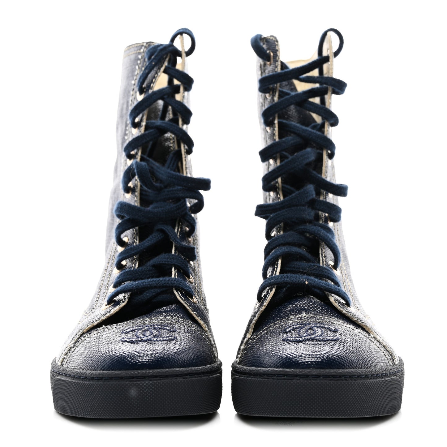 Coated Canvas Lace Up Combat Boots 37 Navy