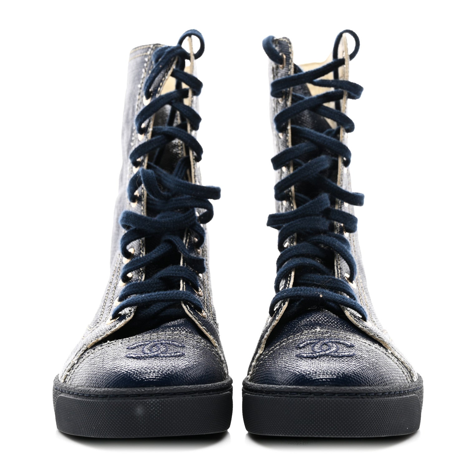 Chanel Coated Canvas Lace Up Combat Boots 37 Navy 2 of 8
