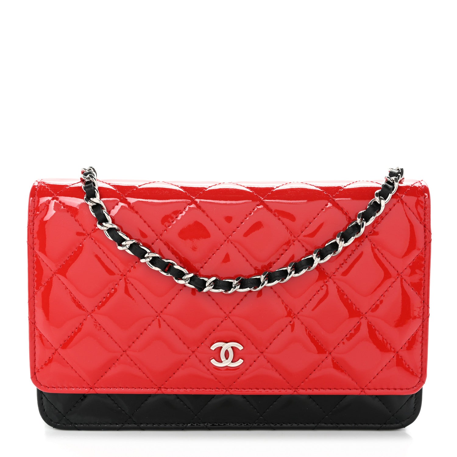 Chanel Patent Quilted Bi-Color Wallet On Chain WOC Red Black