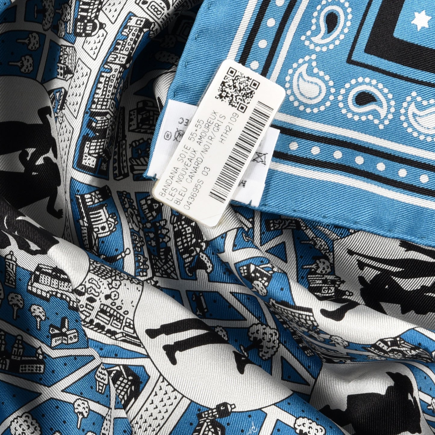 Silk Les Nouveaux Amoureux de Paris Bandana Scarf 55 Bleu Canard Black Gris