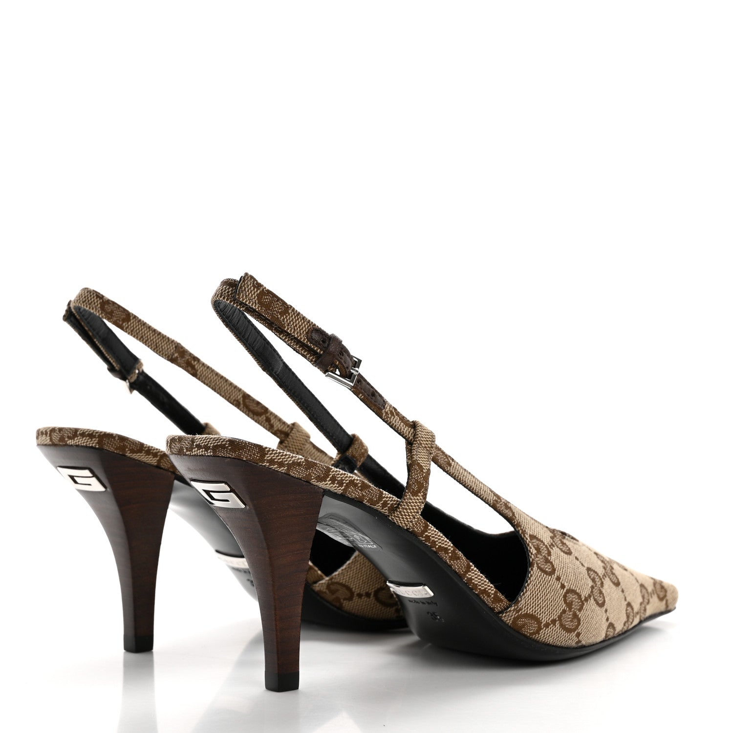 Gucci Monogram Malga Kid Square G 75mm Slingback Pumps 35 Beige Ebony New Acero 4 of 8