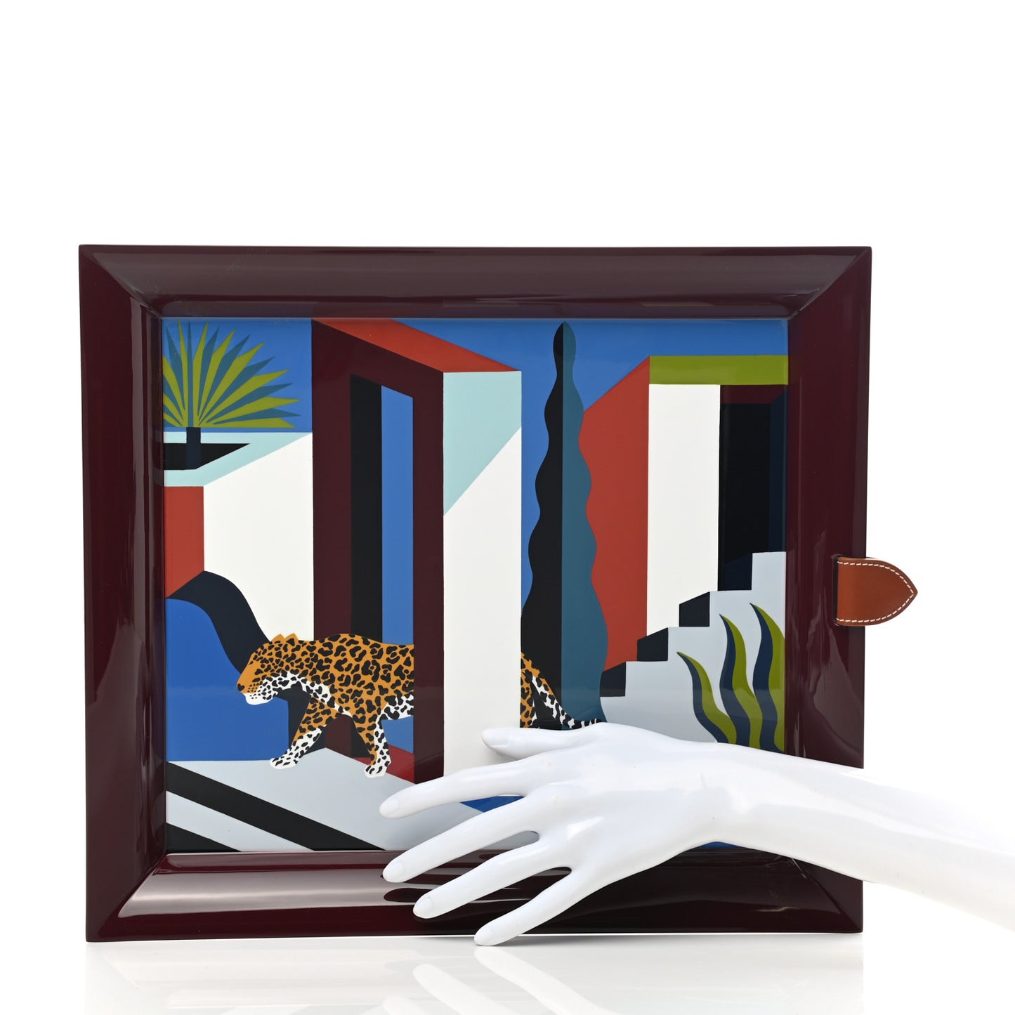 Lacquered Wood Taurillon Clemence Jaguar Dans Un Jardin Mexicain Tray Lie De Vin