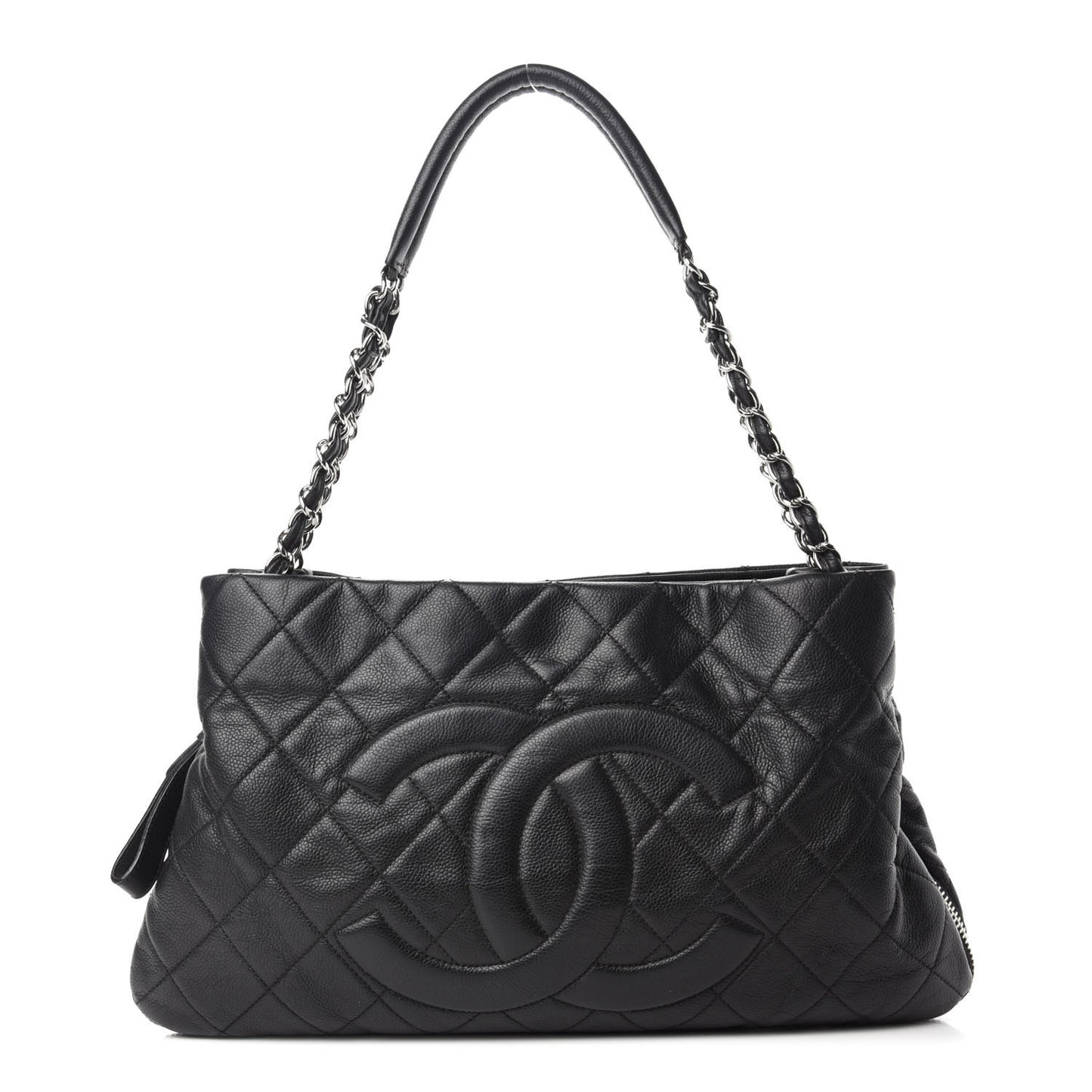 Caviar Quilted Expandable Zip Shoulder Bag Black