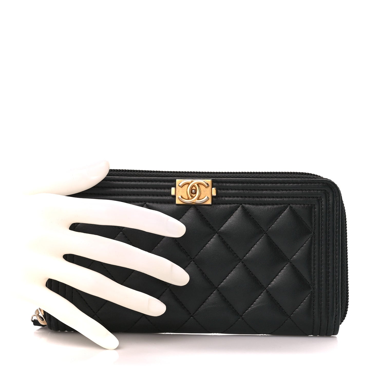 Lambskin Quilted Boy Long Zip Around Wallet Black