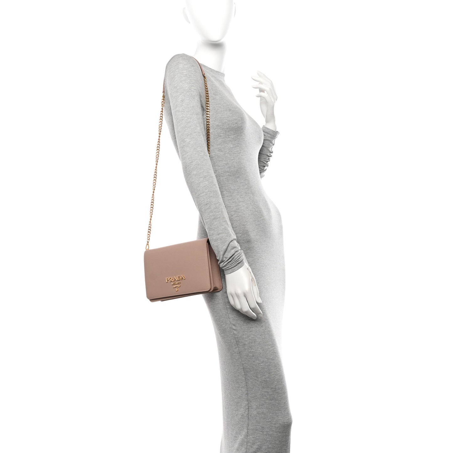 Saffiano Lux Metal Logo Mini Chain Flap Crossbody Bag Cipria