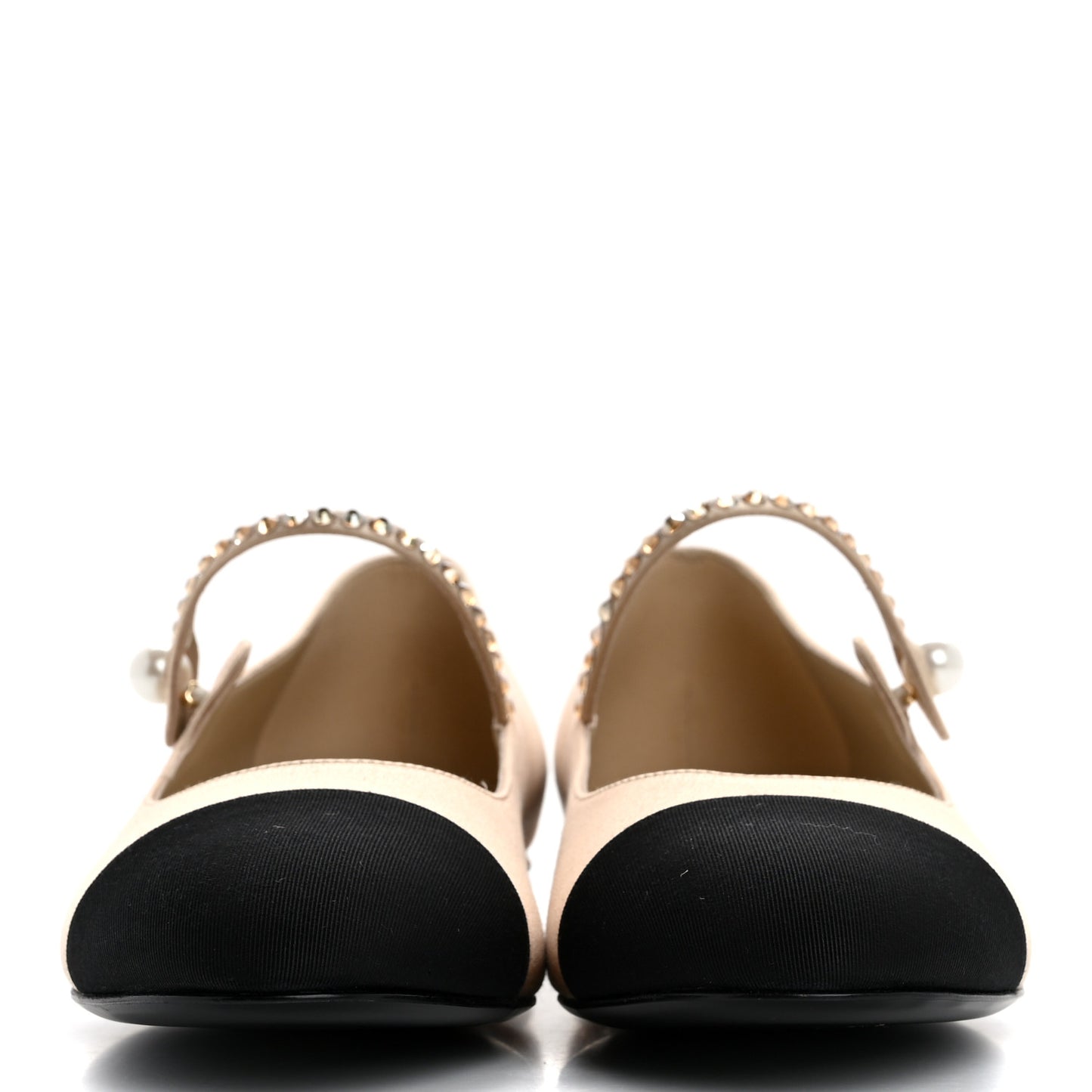 Strass Satin Grosgrain Mary Jane Flats 38.5 Beige Black