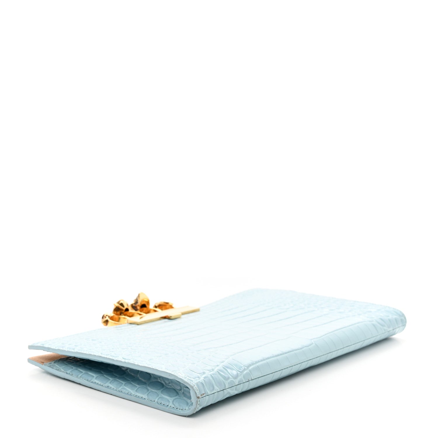 Alexander McQueen ALEXANDER MCQUEEN Calfskin Crocodile Embossed Knuckle Flat Clutch Light Blue 4 of 10