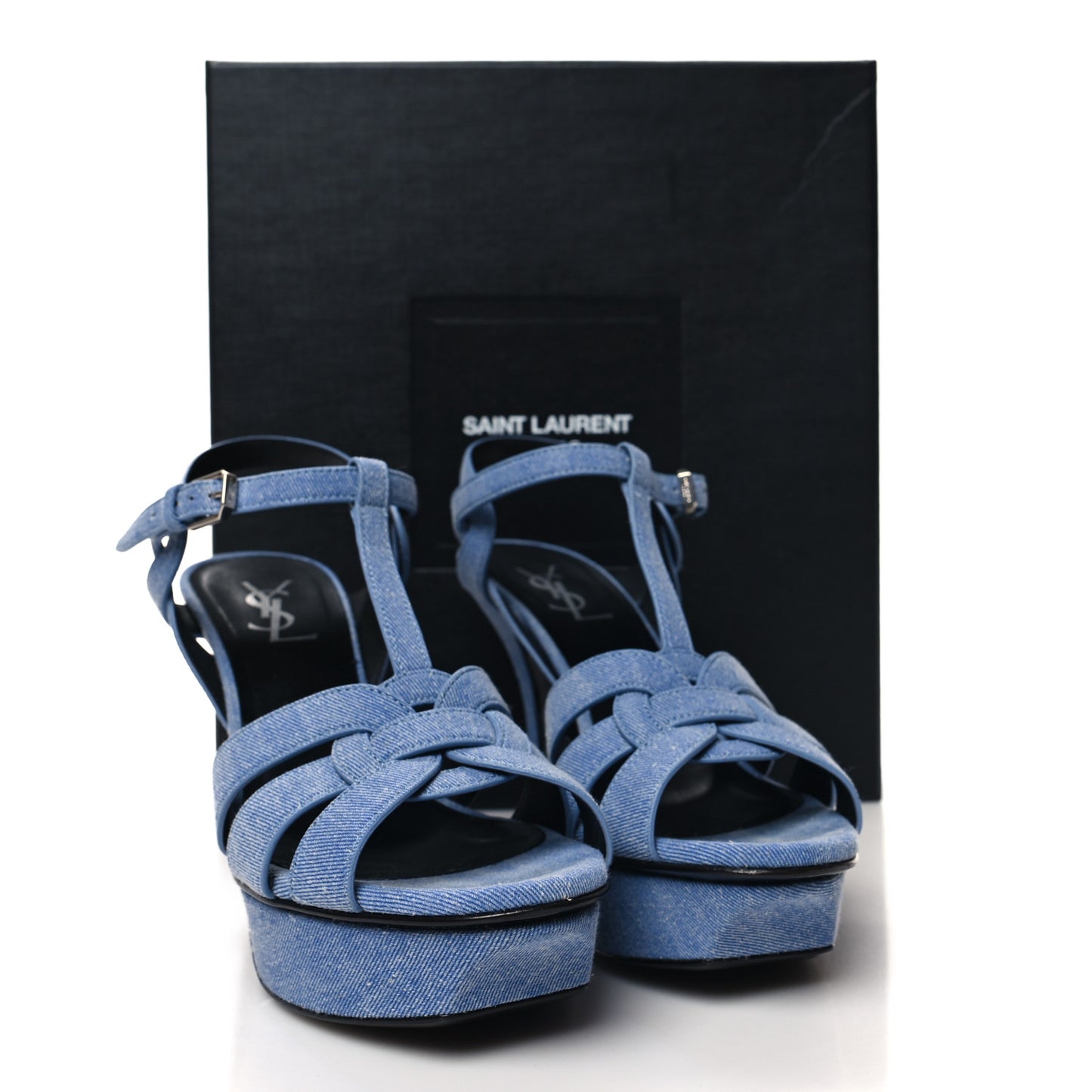 SAINT LAURENT Denim Tribute 75 Platform Sandals 37.5 Blue