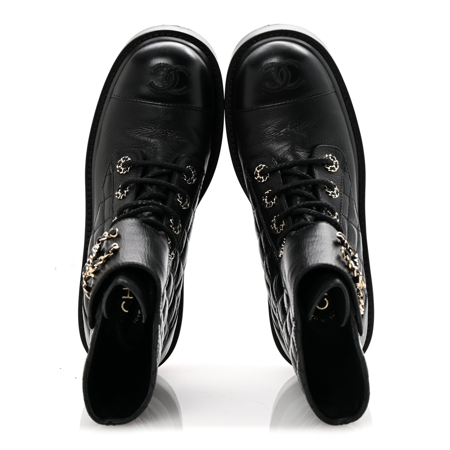 Shiny Goatskin Calfskin Quilted Lace Up Combat Boots 36.5 Black