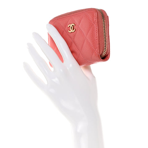 Metallic Caviar Quilted Zip Coin Purse Pink