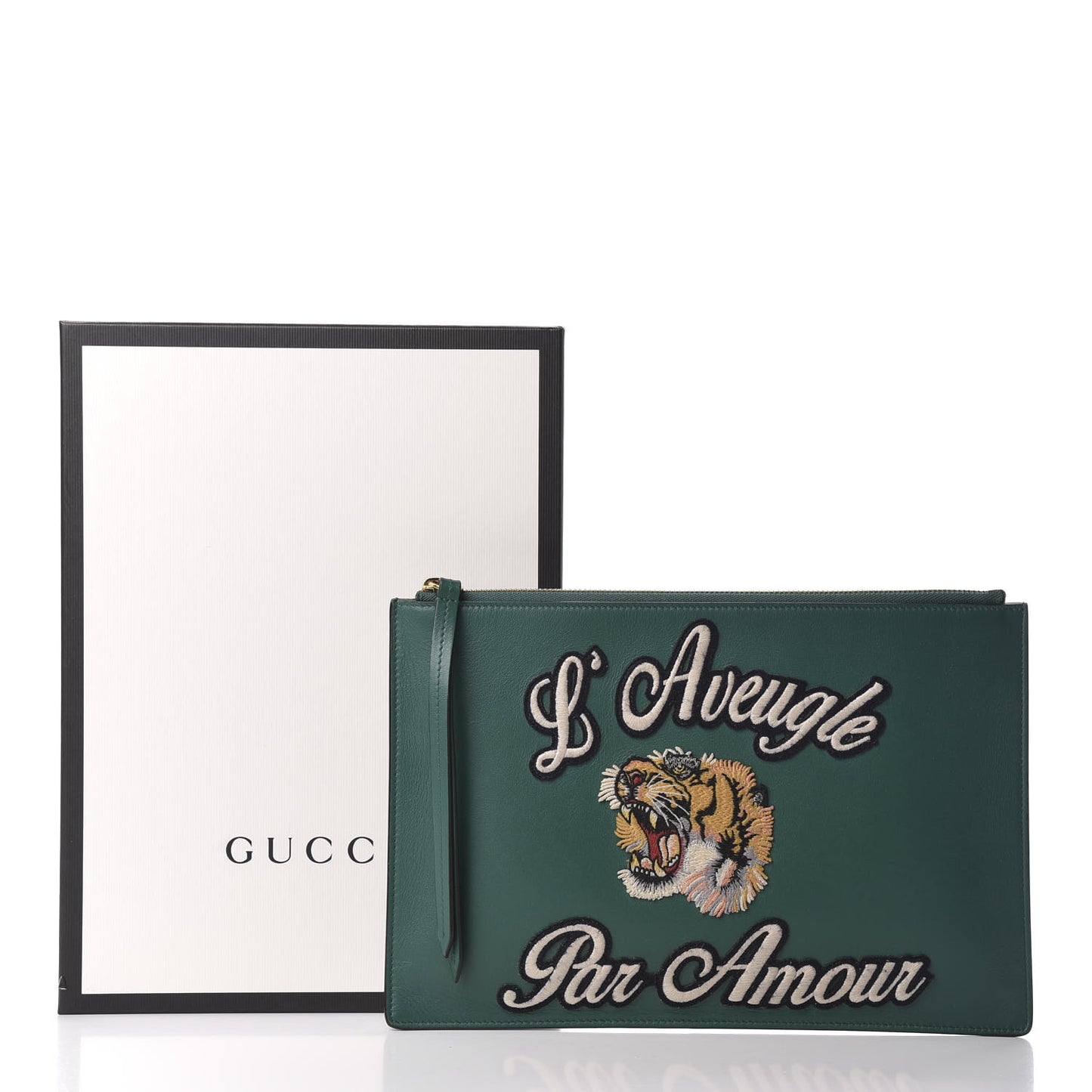 Calfskin Embroidered Large L'Aveugle Par Amour Zip Pouch Green