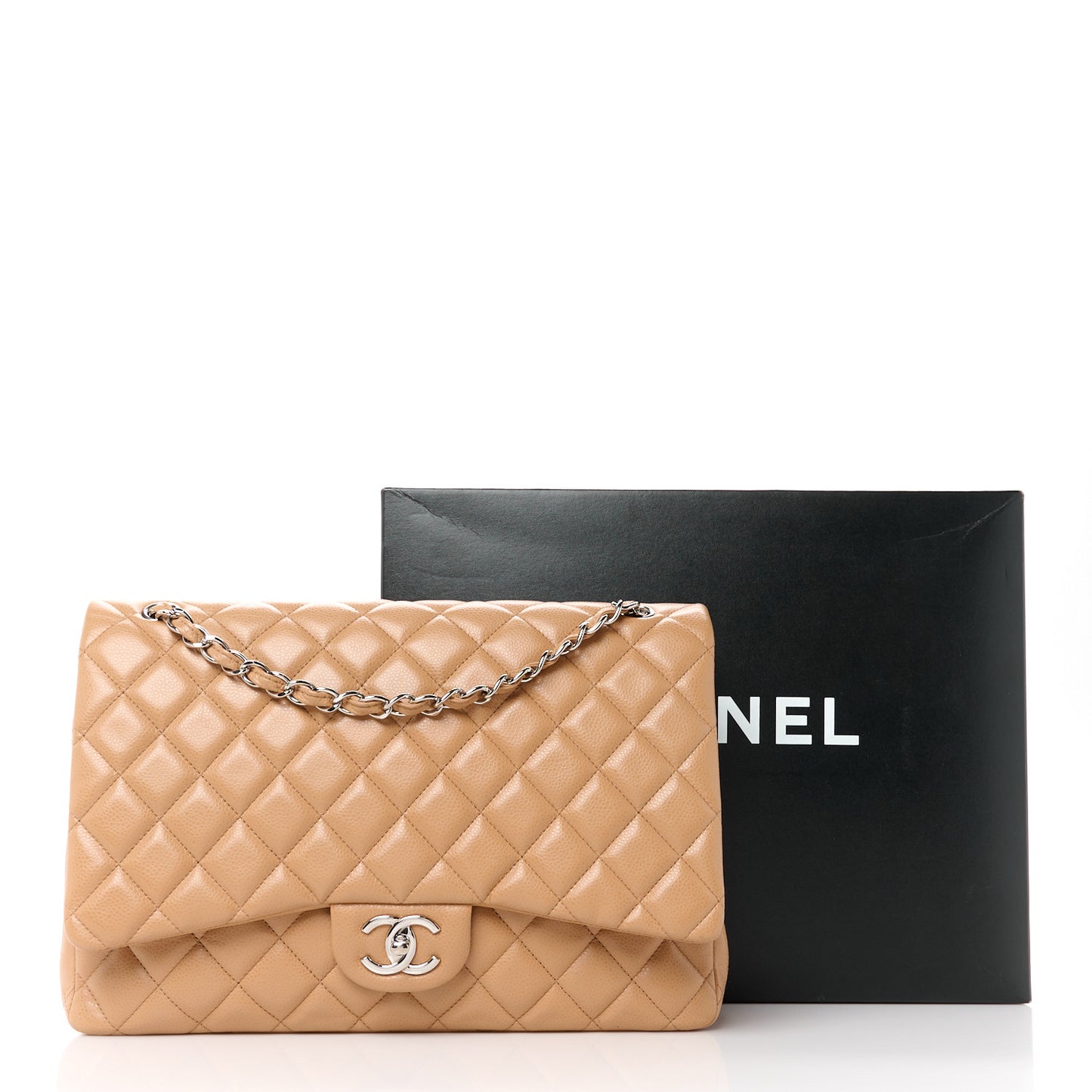 Caviar Quilted Maxi Double Flap Dark Beige