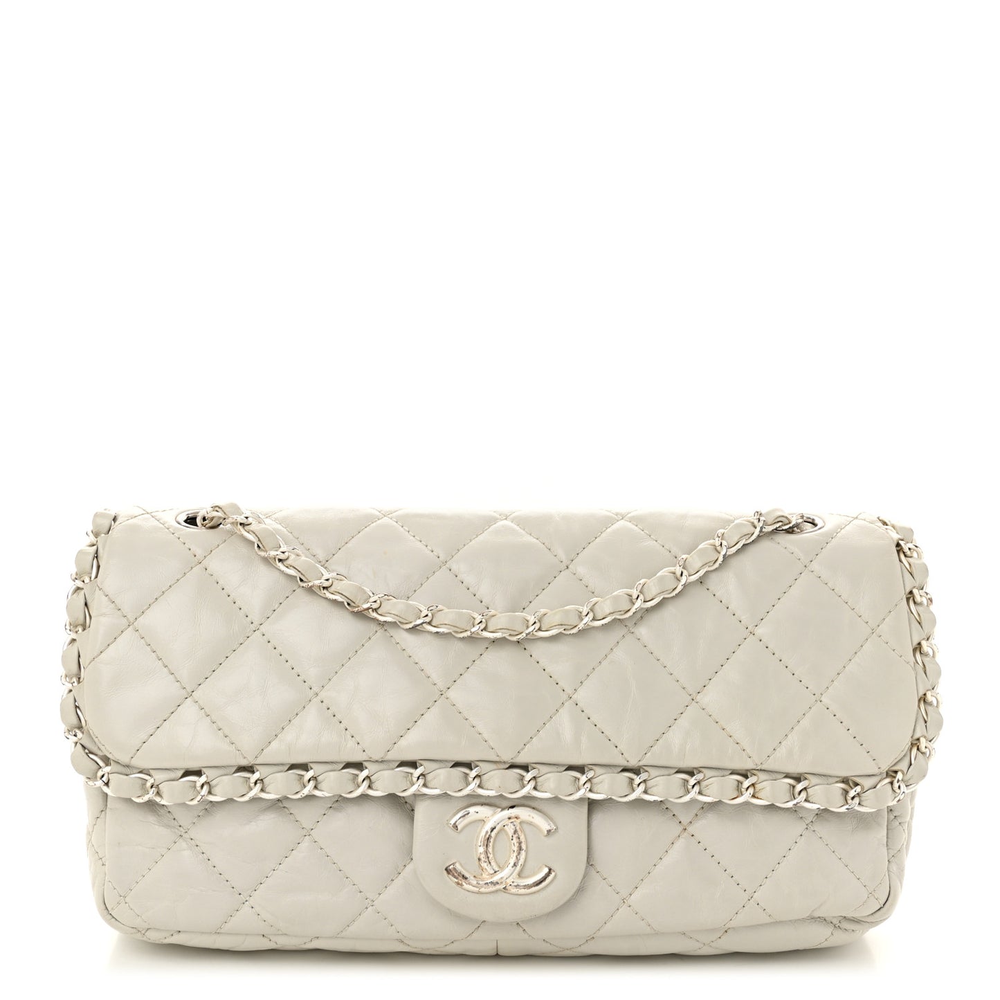 Calfskin Quilted Medium Chain Me Flap White