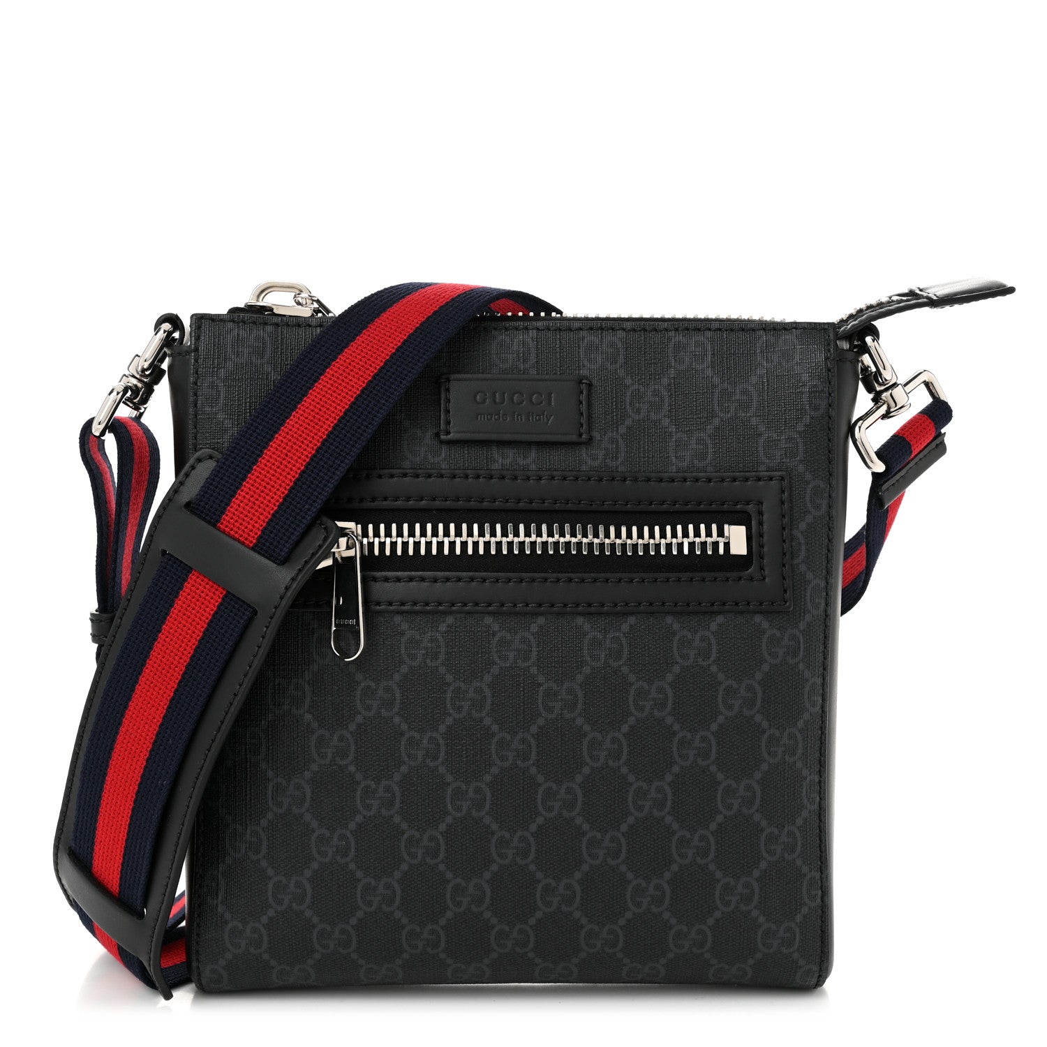 Gucci GG Supreme Monogram Web Small Flat Messenger Bag Black Grey 1 of 10