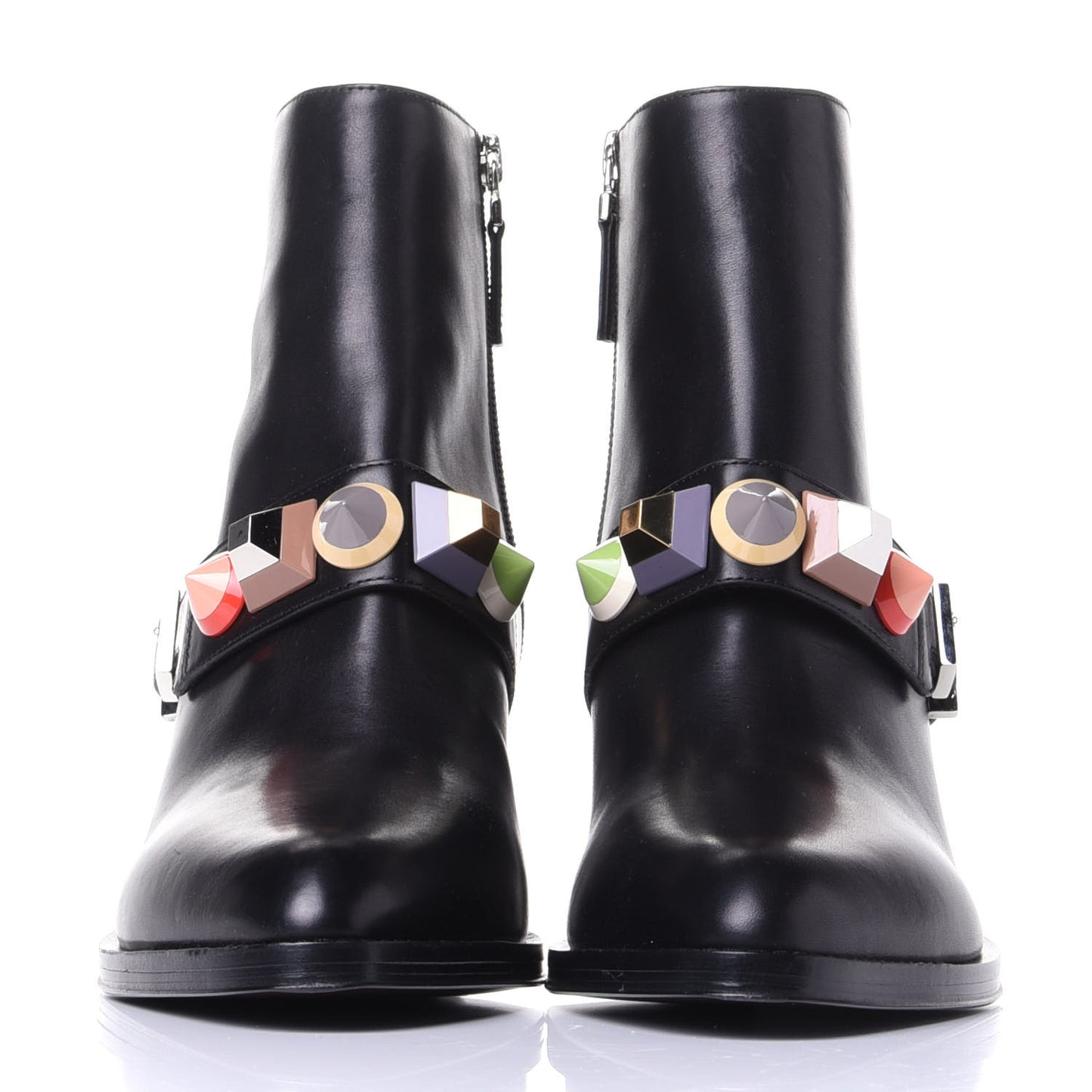Calfskin Rainbow-Stud Ankle Boots 38.5 Black Multicolor