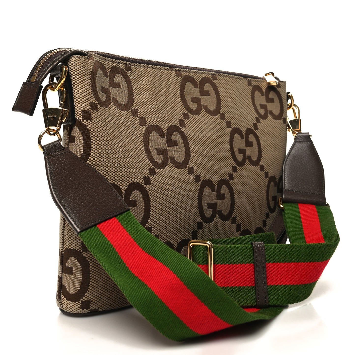 Monogram Jumbo GG Textured Dollar Calfskin Web Wristlet Messenger Bag Camel Ebony New Acero