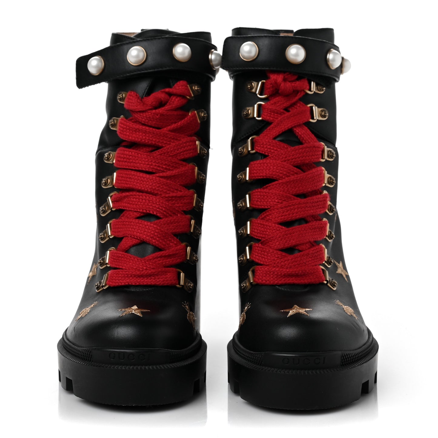 Calfskin Embroidered Lace Up Combat Ankle Boots 38.5 Black