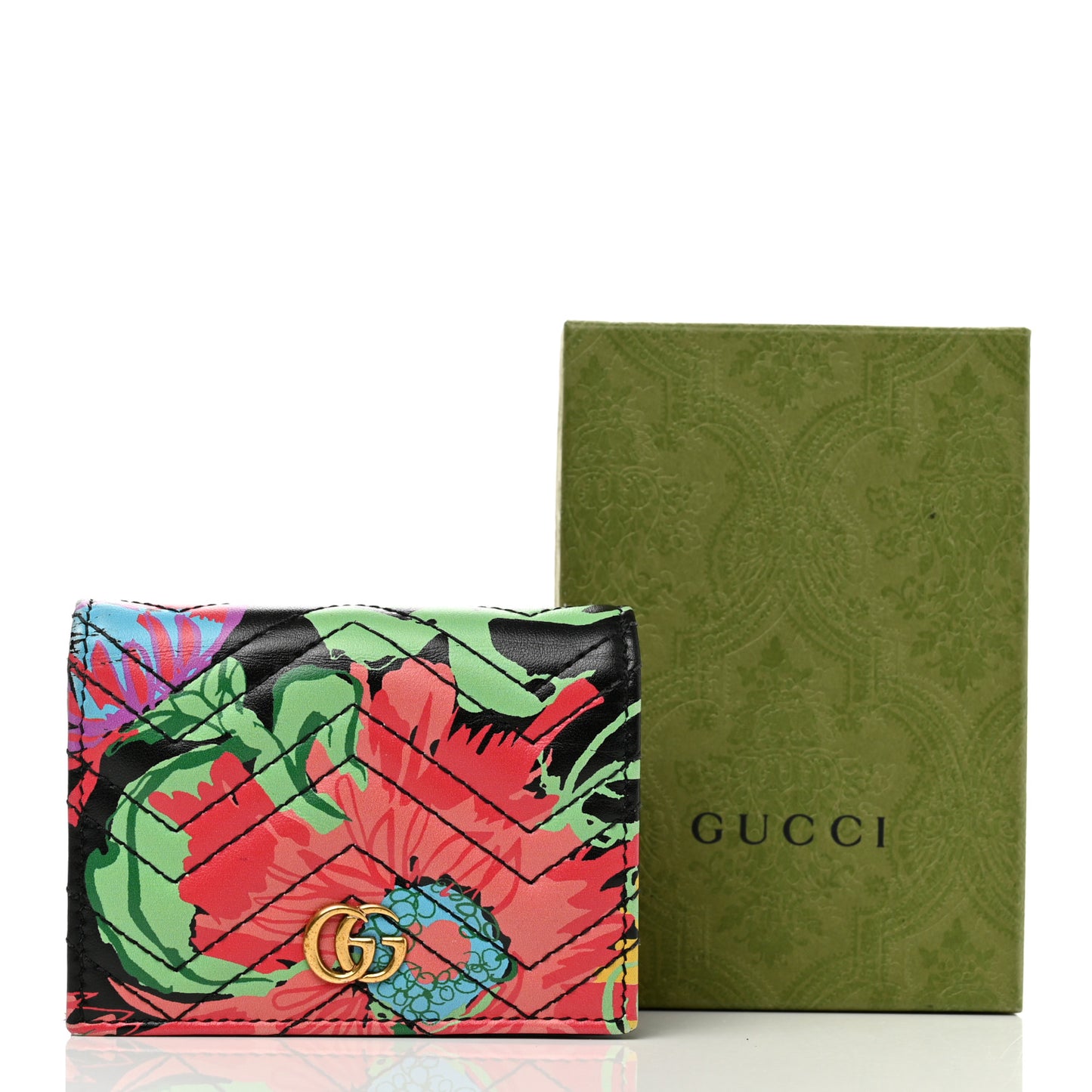 X KEN SCOTT Calfskin Matelasse Floral Print GG Marmont Card Case Wallet Black
