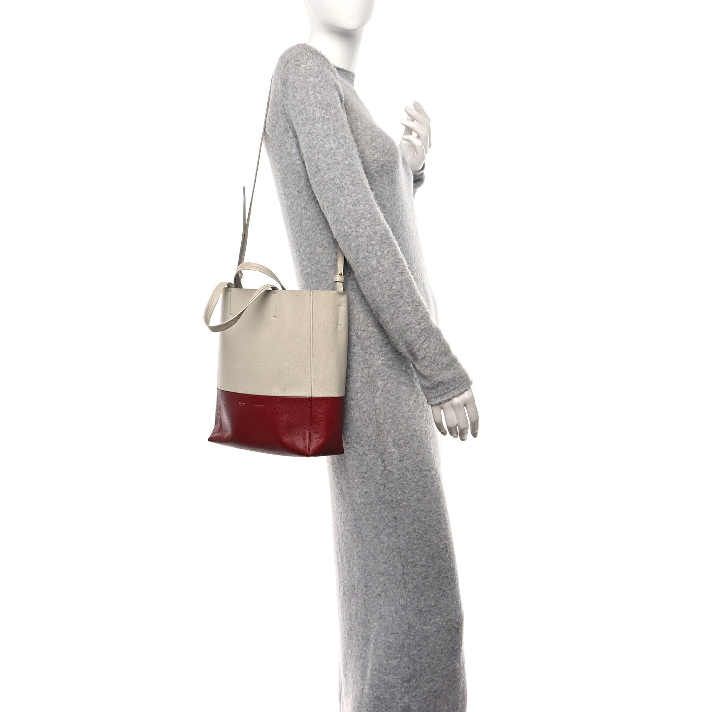 Grained Calfskin Small Vertical Bi-Cabas Cream Red