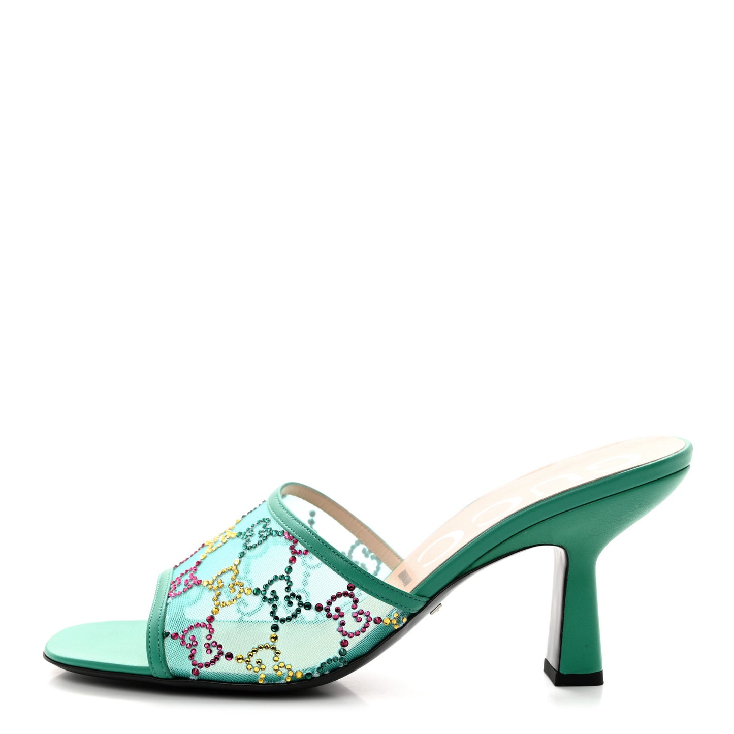 Tela Retino Nappa Crystal GG Monogram Square G 95mm Slide Sandals 39 Turquoise