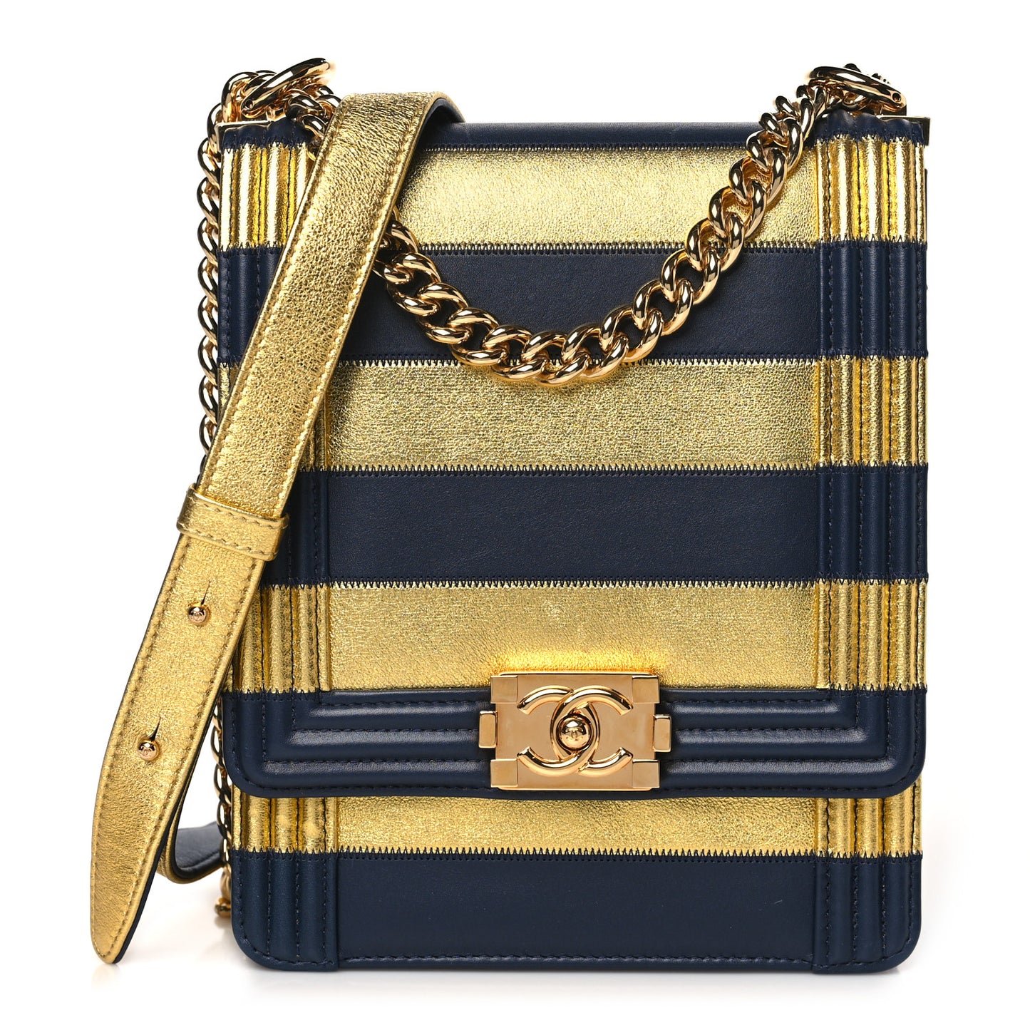 Metallic Lambskin Striped North South Boy Flap Navy Gold