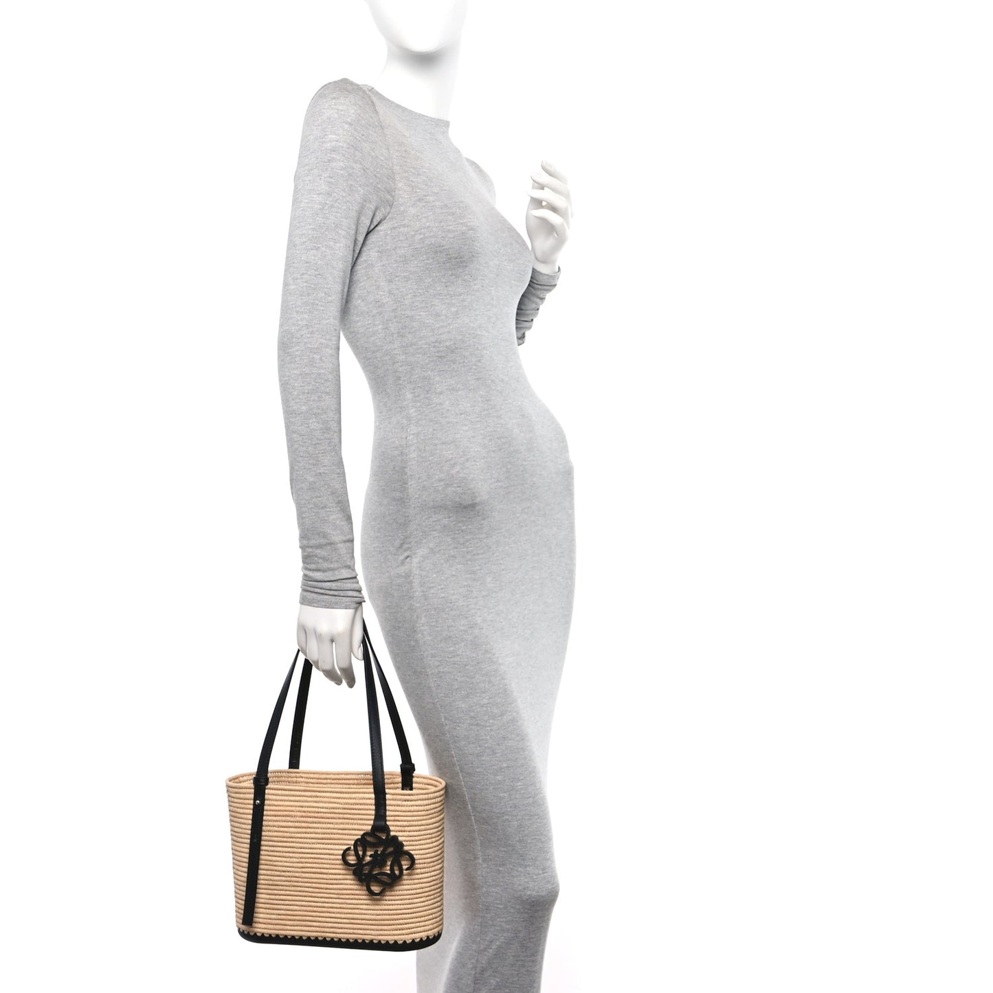 X PAULA'S IBIZA Raffia Calfskin Small Square Basket Tote Bag Natural Black