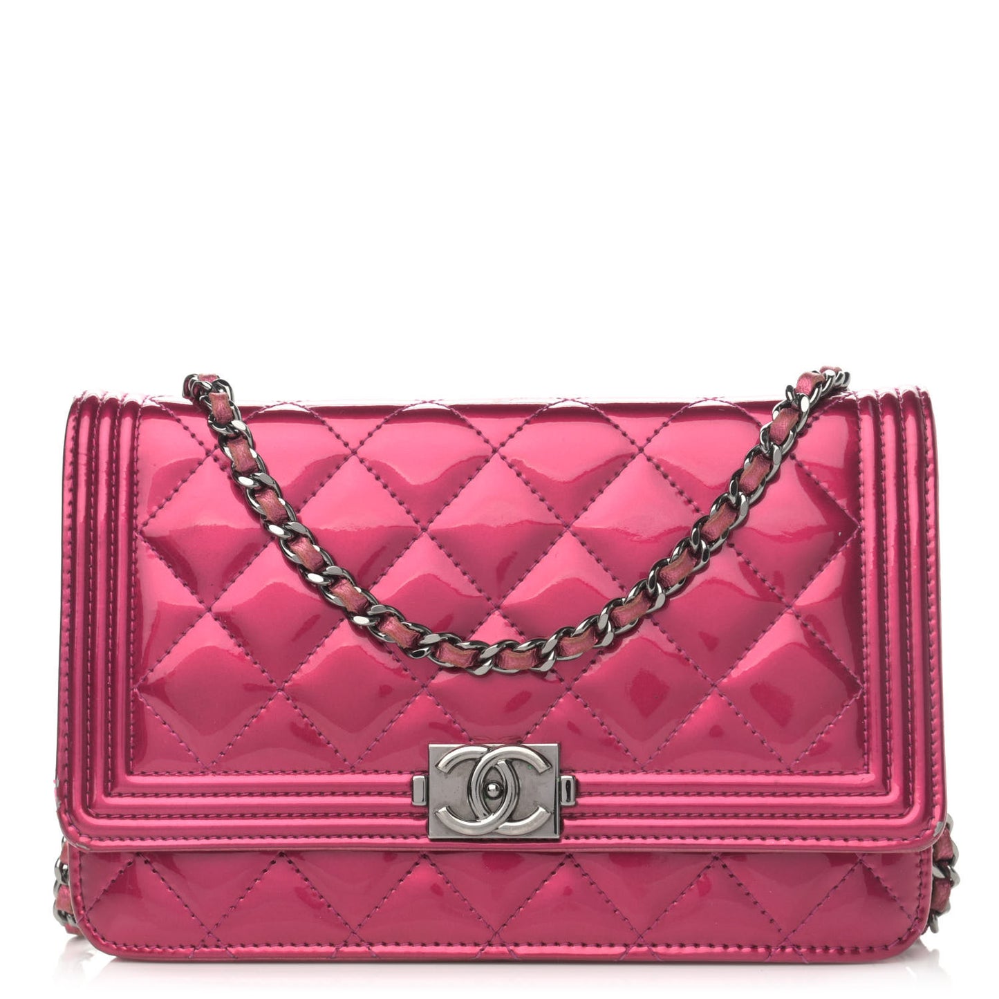 Metallic Patent Calfskin Quilted Boy Wallet On Chain WOC Fuchsia