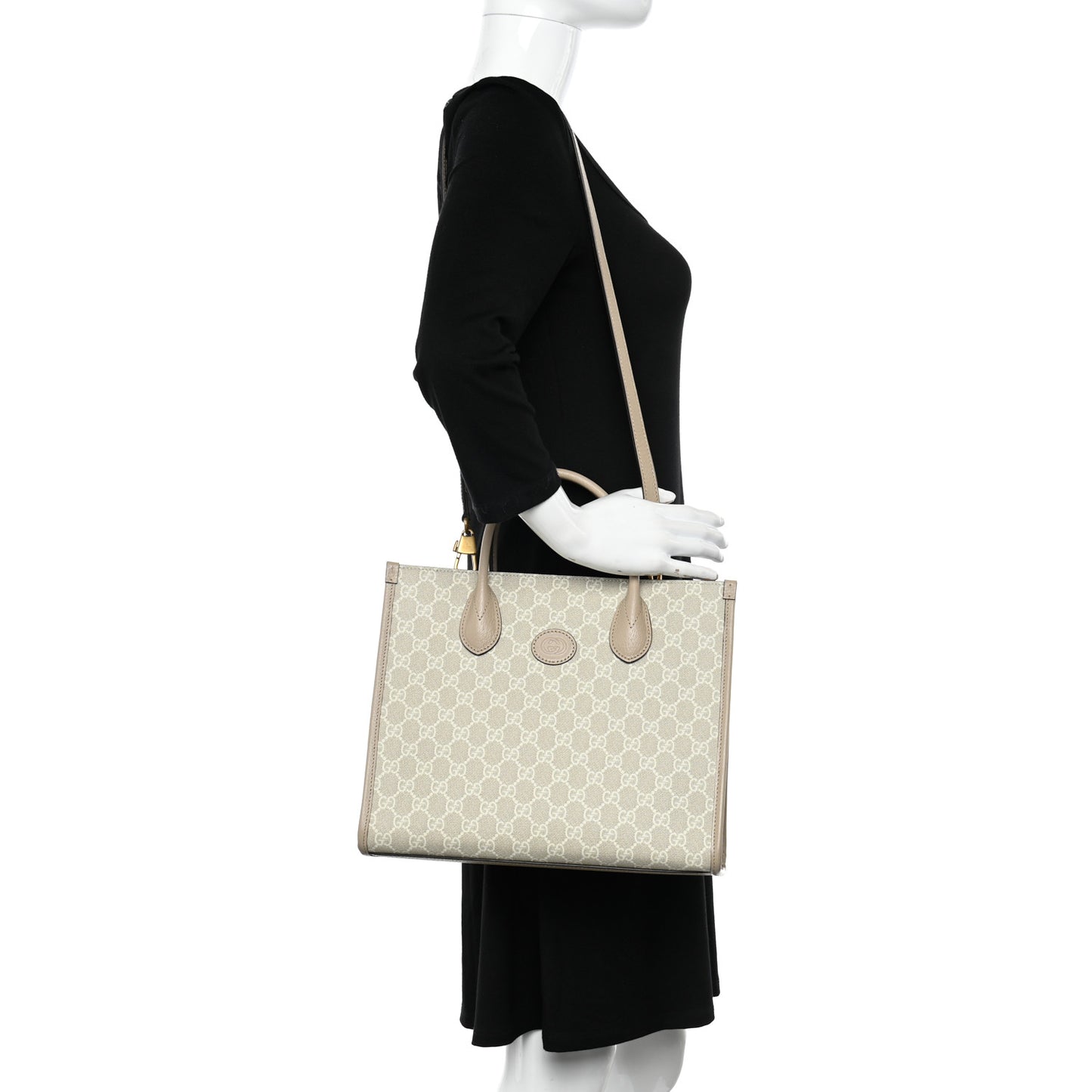 GG Supreme Monogram Textured Dollar Calfskin Small Retro Interlocking G Tote Bag Beige Mystic White Oatmeal