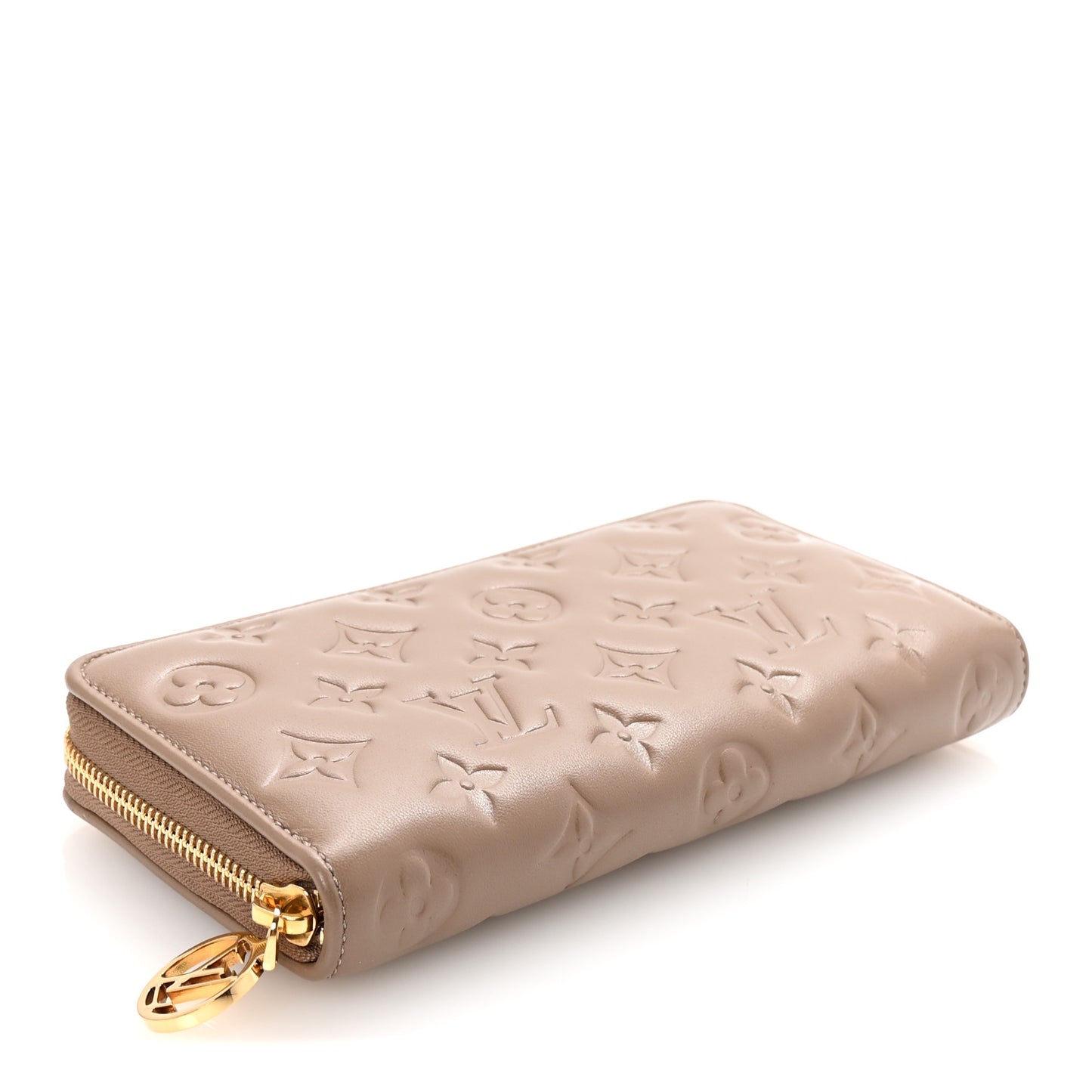 Lambskin Embossed Monogram Coussin Zippy Wallet Taupe