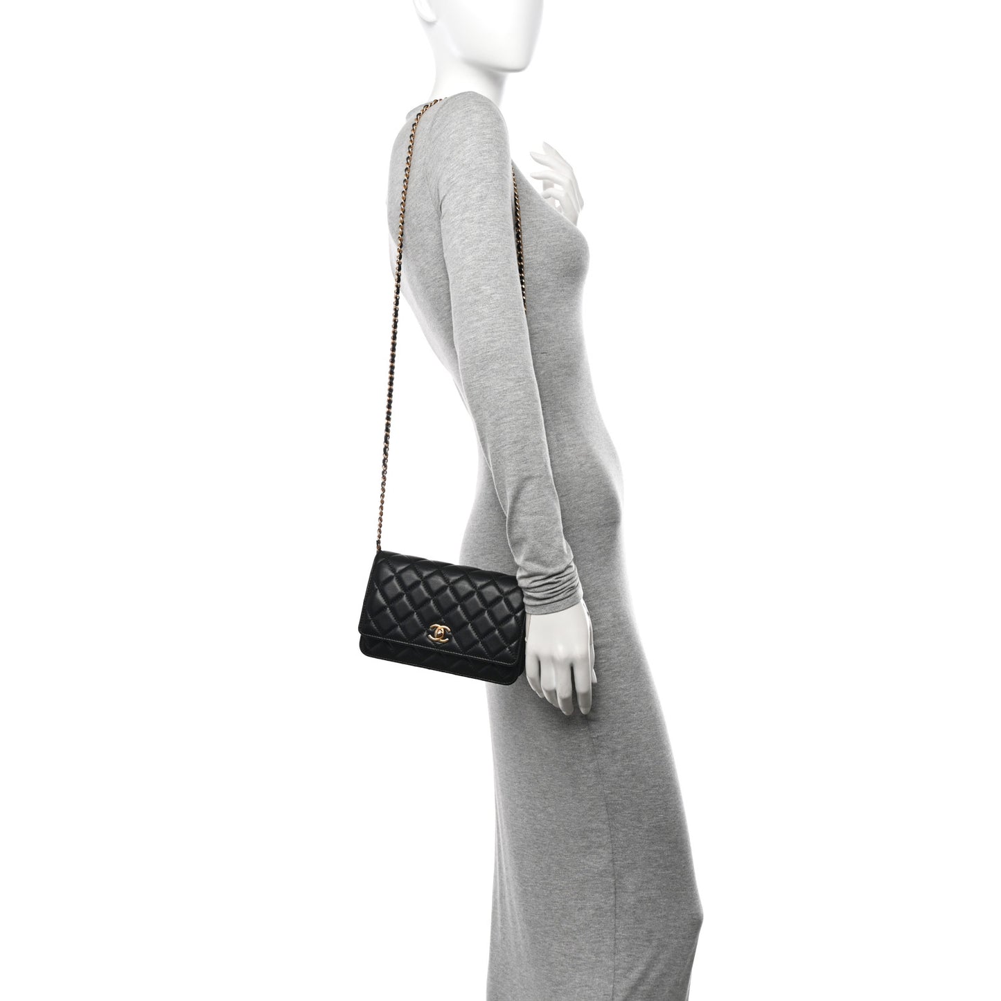 Lambskin Quilted CC Pearl Crush Wallet on Chain WOC Black