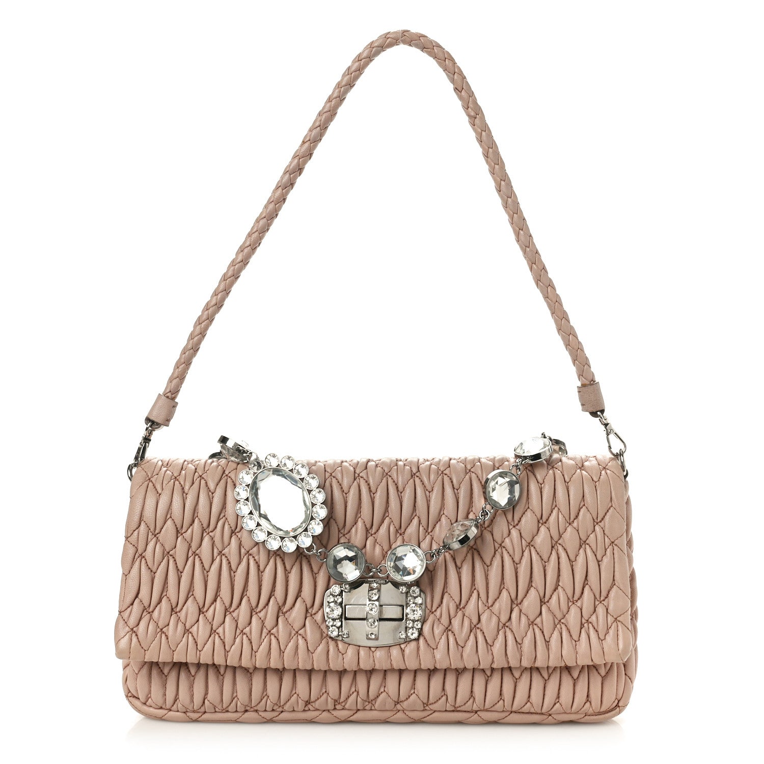 Miu Miu Nappa Matelasse Crystal Flap Clutch Cammeo 1554580