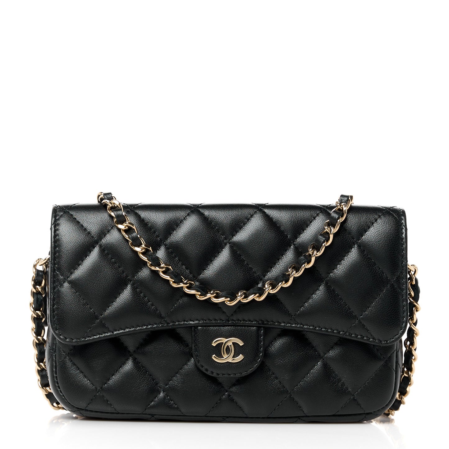 Lambskin Quilted Flap Phone Holder With Chain Black